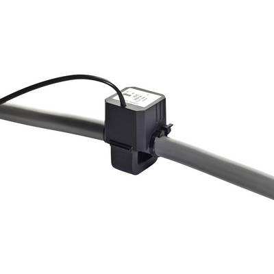 A rectangular black sensor is attached to a grey pipe. A black cable connects the sensor to another device.
