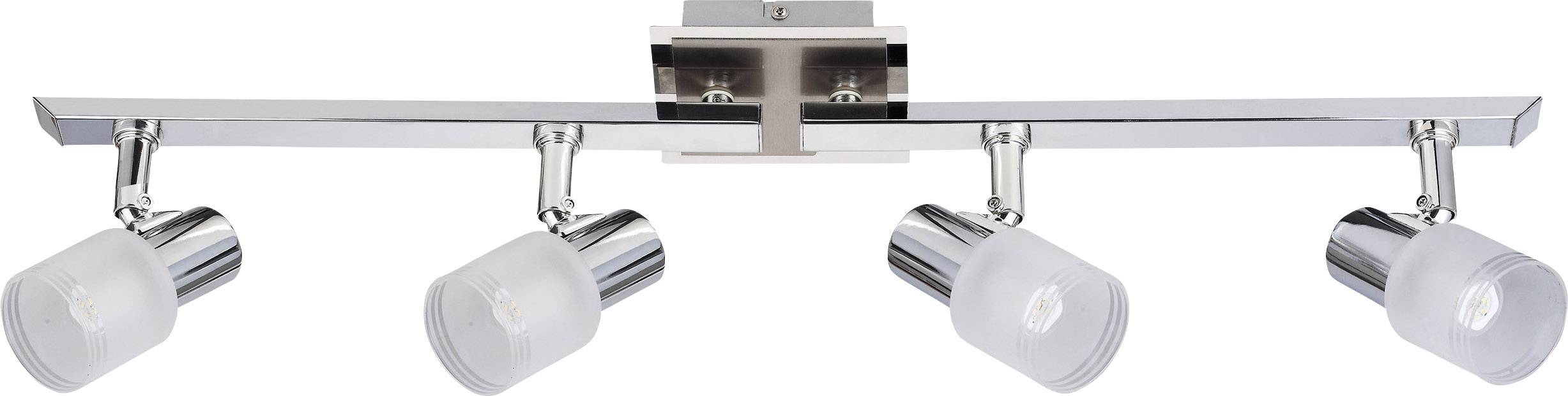 Four-beam, modern LED ceiling spotlight made of metal with adjustable, cylindrical light fixtures for directional lighting.