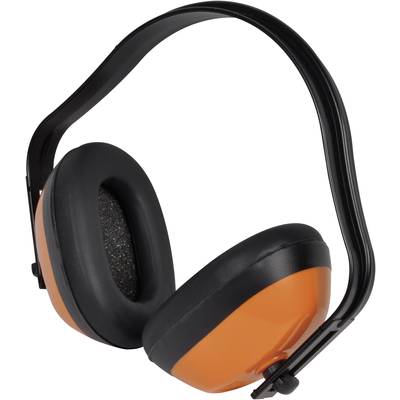 An orange and black ear defender headset with padded ear cups, suitable for noise protection in loud environments.