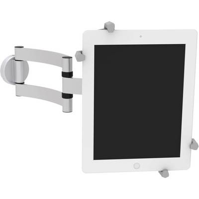 A tablet is secured in an adjustable wall mount. The mount allows for rotation and tilt angle adjustments of the tablet.