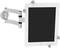 A tablet is secured in an adjustable wall mount. The mount allows for rotation and tilt angle adjustments of the tablet.