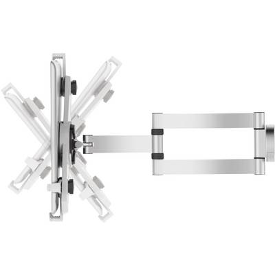 Wall-mounted monitor bracket that can be tilted vertically and horizontally. Demonstrates flexible mobility and wall installation.