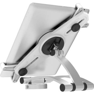 A silver, adjustable metal tablet stand, viewed from the side, shows a mount with rotatable joints for support.