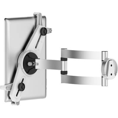 Metallic wall-mounted monitor bracket with flexible arm; adjustable for various screen sizes.