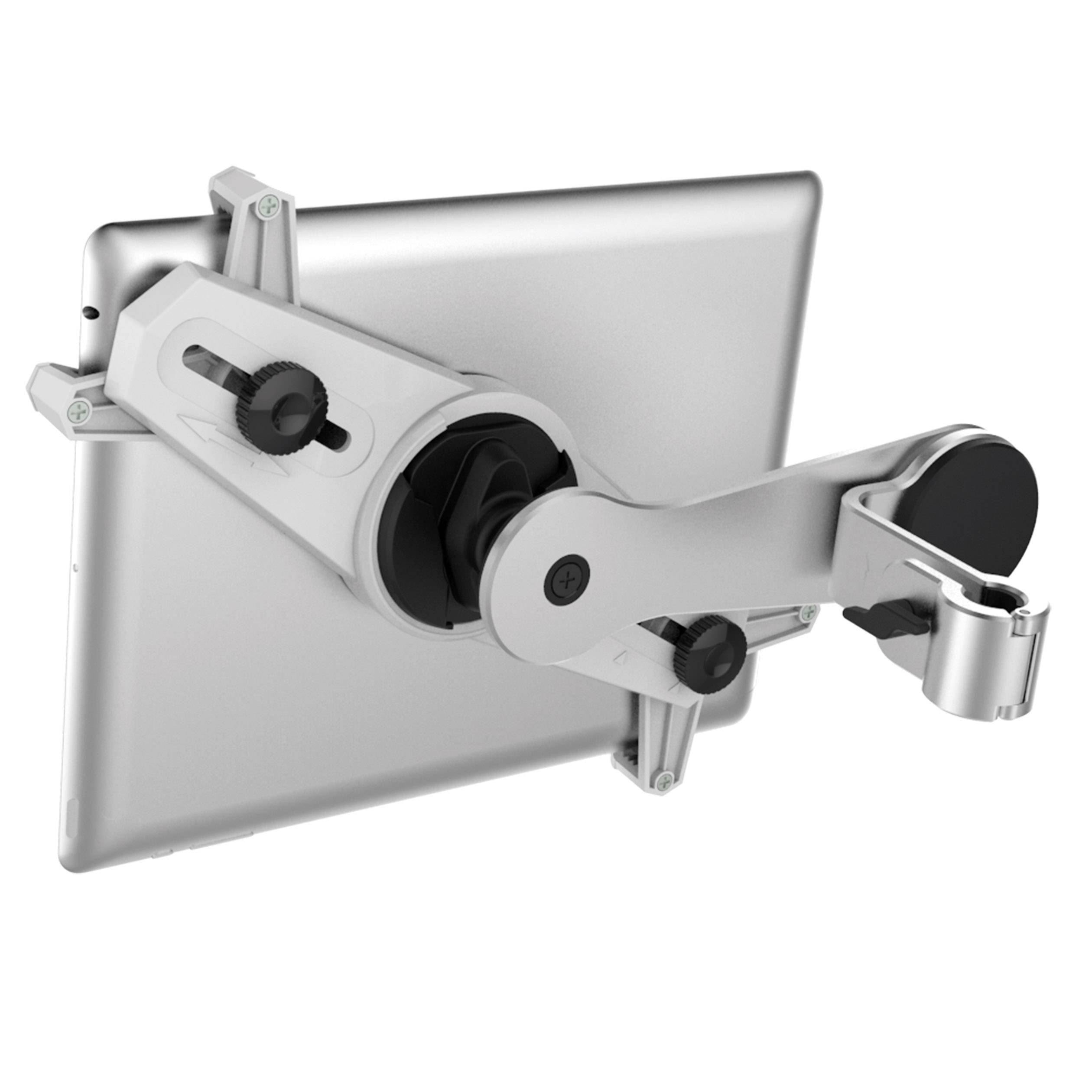 Metal tablet mount, attached to the back of a tablet. Enables flexible positioning and secure fastening.