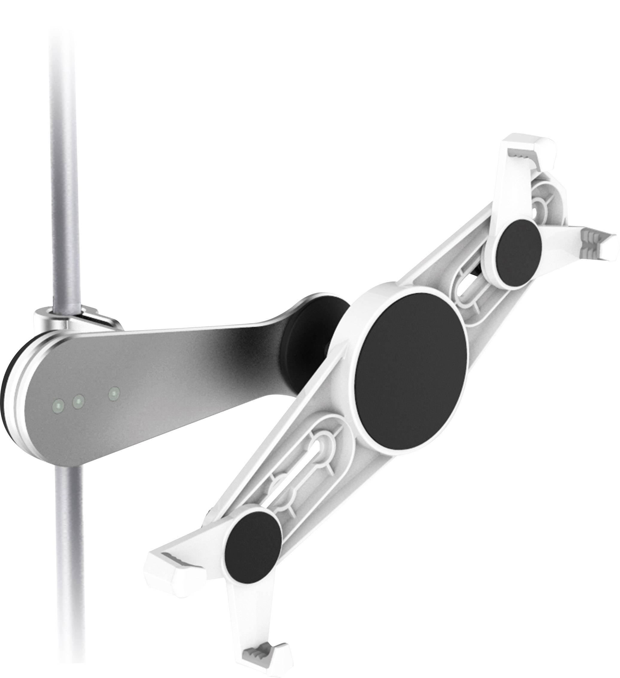 Tablet mount attached to a pole, suitable for flexible positioning of tablets at various angles and heights.