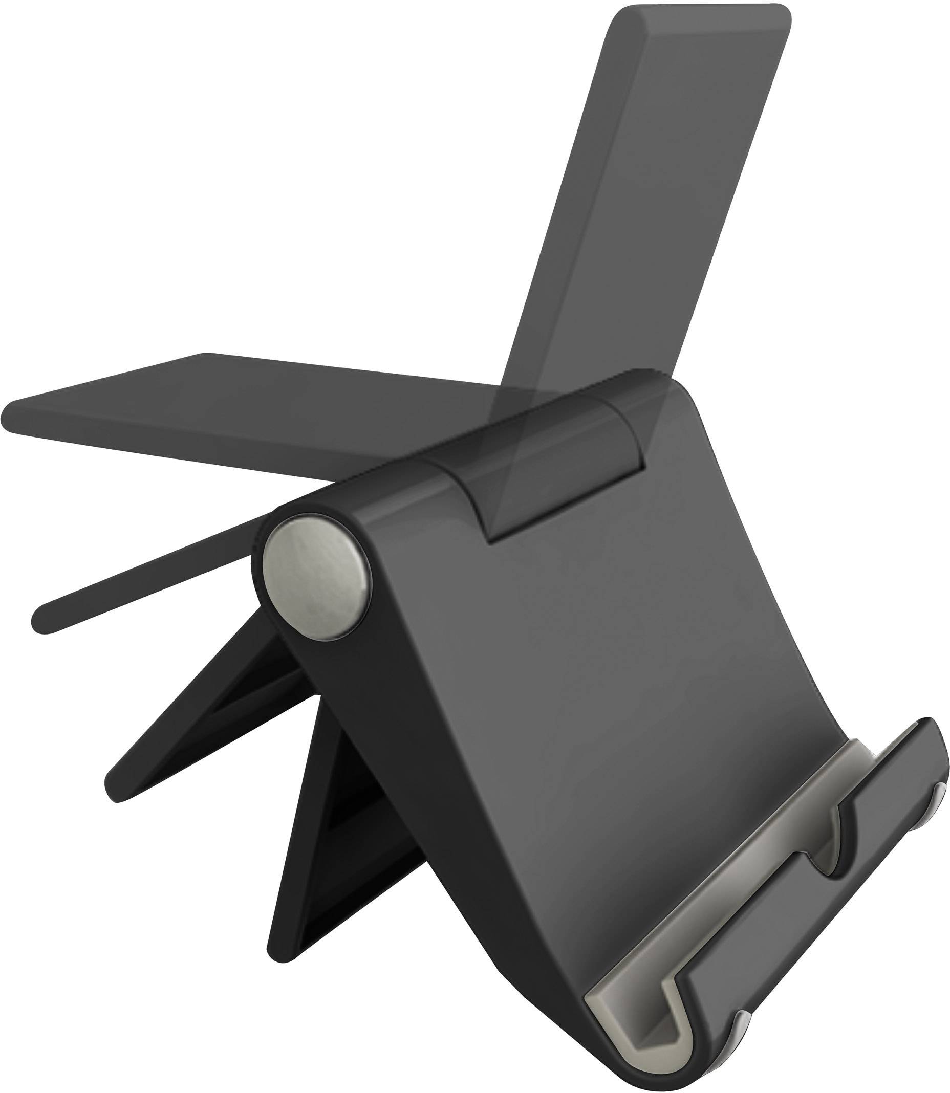 A foldable stand made of black and silver material, suitable for holding tablets or smartphones at various angles.