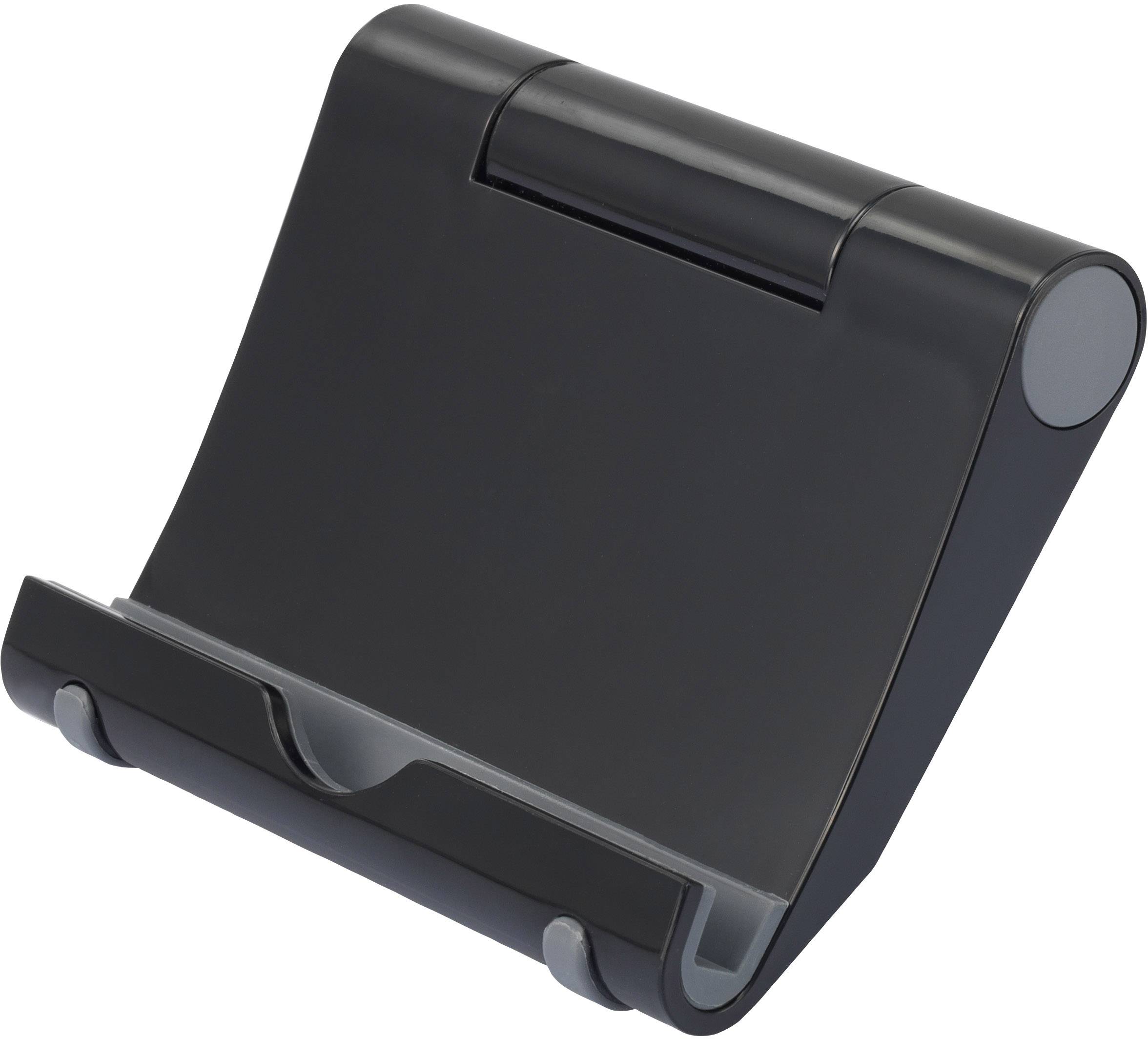 A black, adjustable stand for tablets or smartphones, sitting on a table. Suitable for various device sizes.