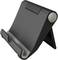 A black, portable tablet stand made of plastic with an adjustable mount. Ideal for supporting tablets on a table.