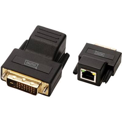 Two adapters: On the left, a DVI-to-VGA adapter with a 24-pin connector and on the right, an RJ45-to-HDMI adapter.