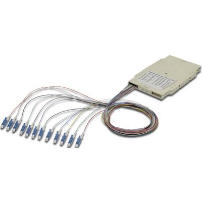An optical splitter with multiple fibre optic cables terminating in sockets. A table on the housing displays distribution information.