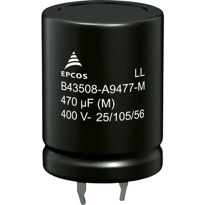 A black electrolytic capacitor with the inscription 'EPCOS LL B43508-A9477-M 470 µF (M) 400 V- 25/105/56', displaying technical specifications.
