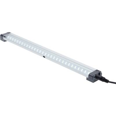 Rectangular LED light fitting with an aluminium housing, black end caps and cable connection. It emits cool white light.
