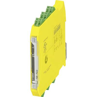 Yellow electronic device with green ports on top and symbols and text on the front face. Used for industrial control systems.
