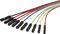 Multicoloured jumper wires with black connectors, suitable for electronics or DIY projects, are spread out in a fan-like arrangement.