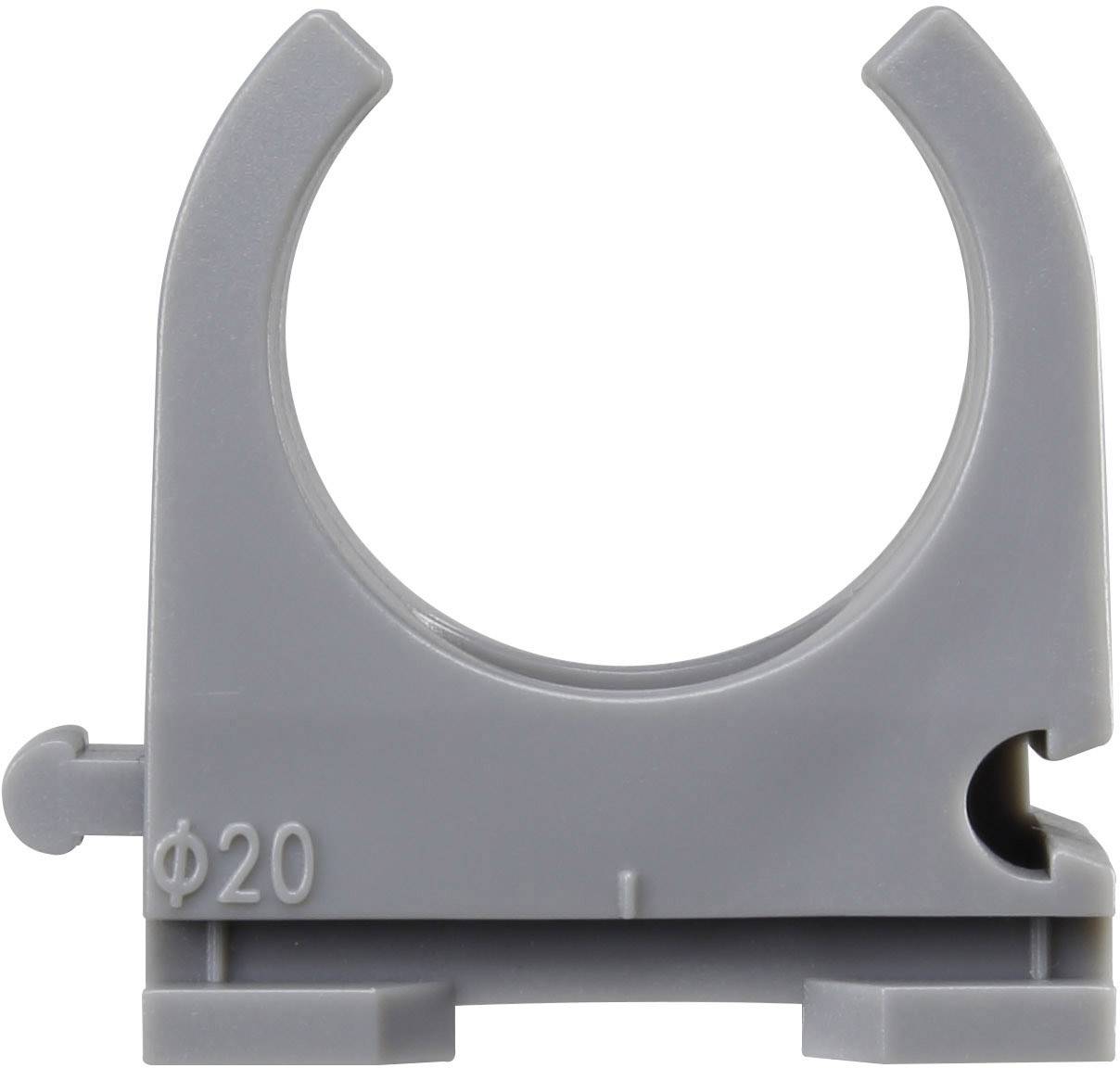 Grey plastic pipe clip with 'Φ20' marking. Used for securing pipes.