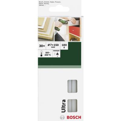A pack of Bosch hot glue cartridges. Application examples are shown on top. Dimensions: 7x150 mm, 180 g, 160–200 °C.