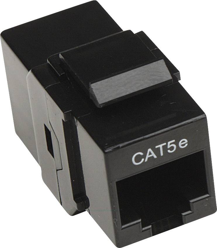 A black CAT5e network adapter serving as a connection module for Ethernet cables.