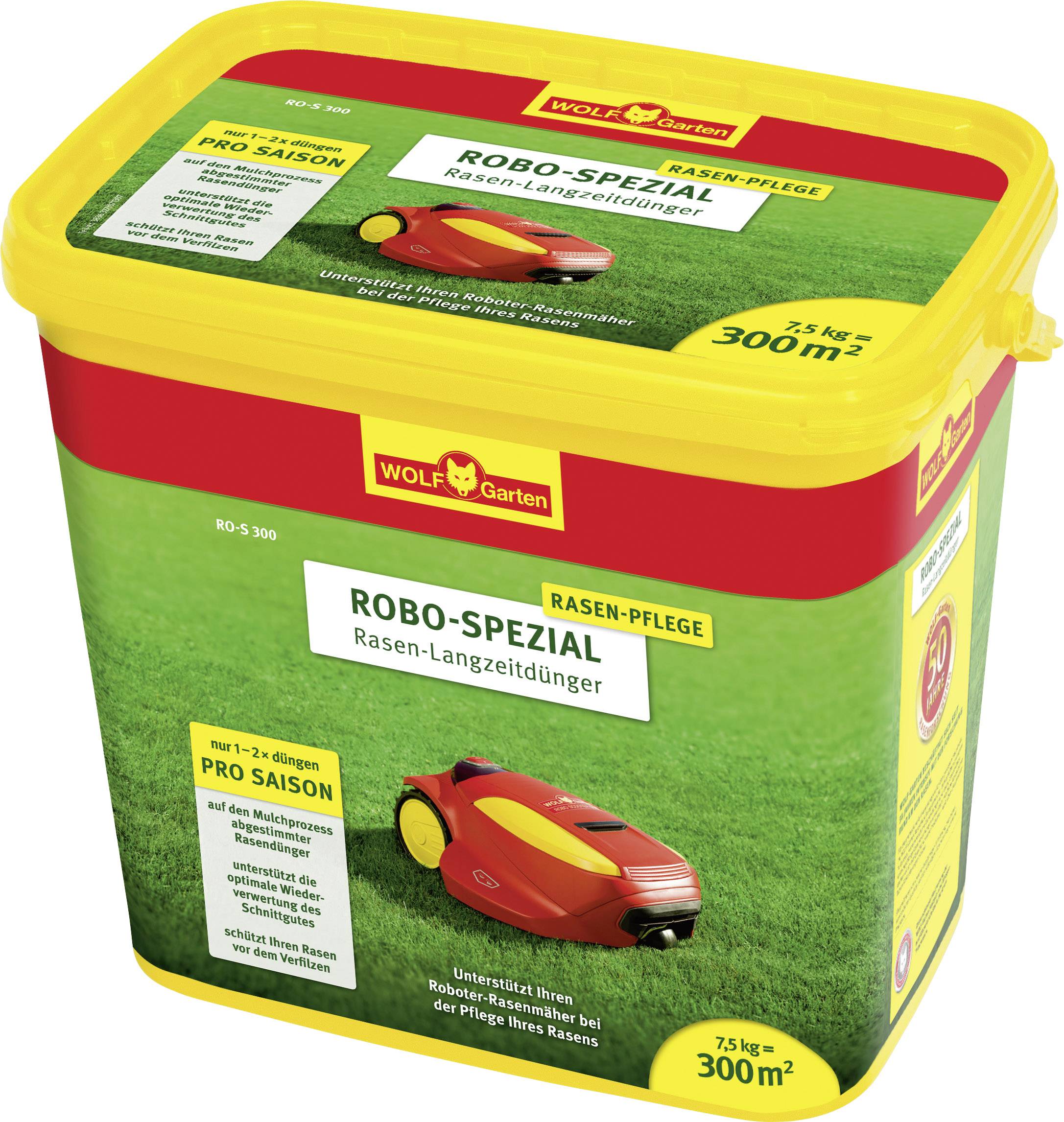 Container of WOLF-Garten Robo-Special Lawn Fertiliser. Suitable for 300 m². Supports lawn growth for robotic mowers.