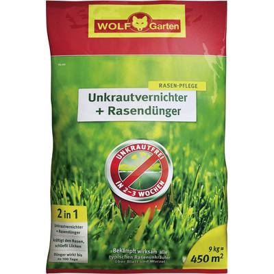Bag of 'Weed Killer + Lawn Fertiliser', 2-in-1 product, 9 kg for 450 m². Promotes lawn growth and eliminates weeds.