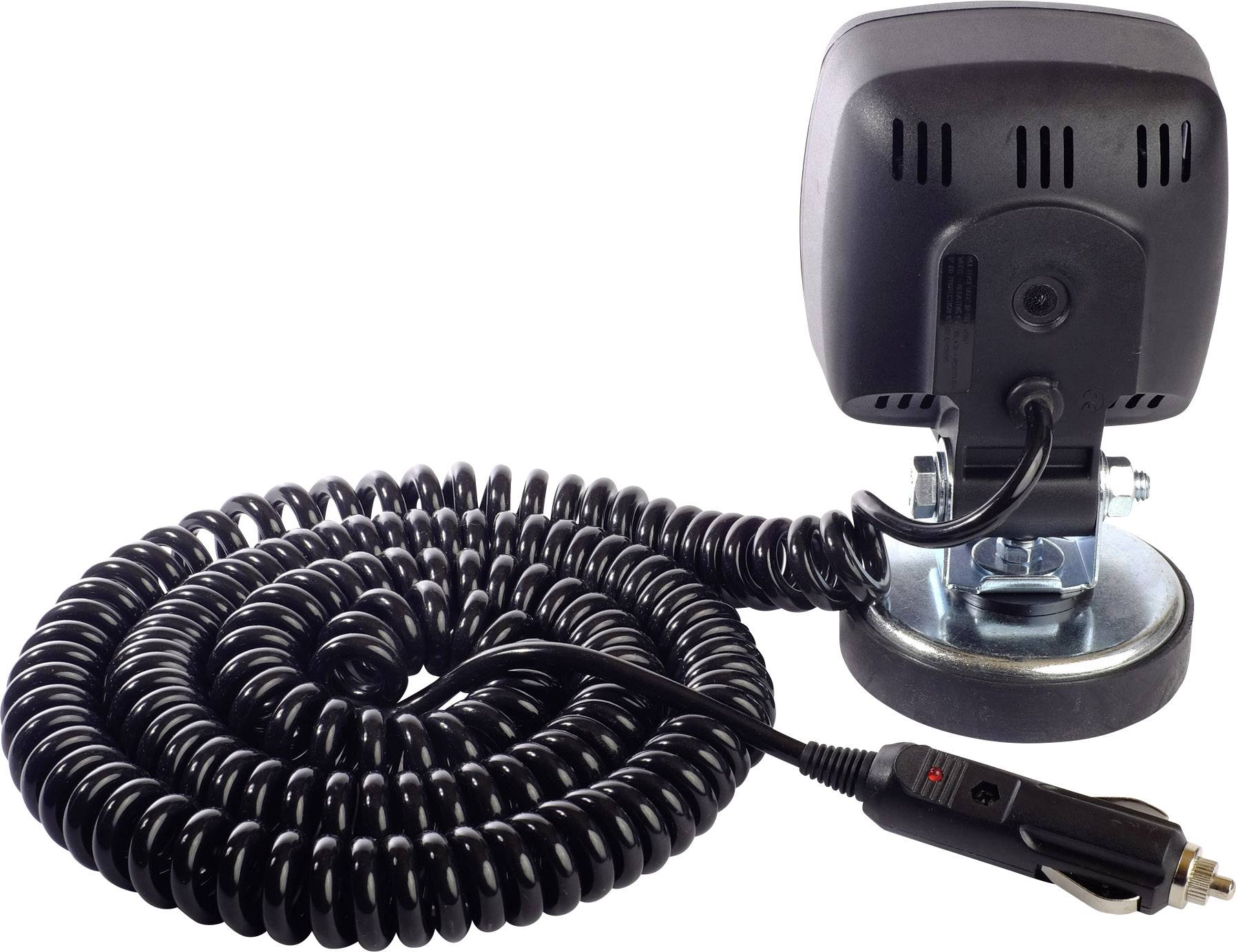 A black, magnetic car mount with a coiled cable and cigarette lighter plug, for securing a device in a vehicle.