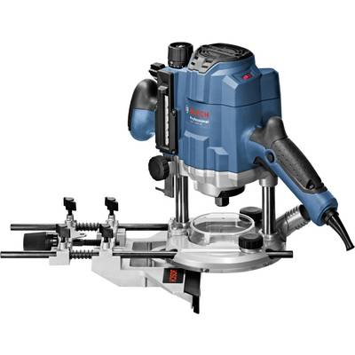 Electric router with blue plastic casing, two handles and scale, mounted on metal rail for precise routing.
