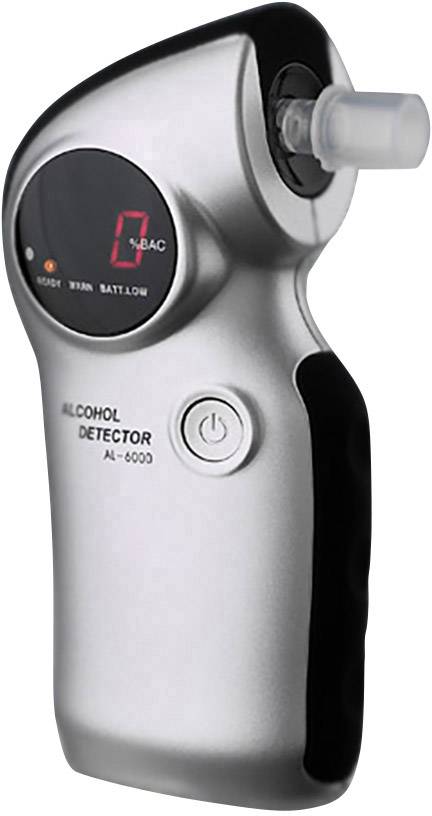 Breathalyser with digital display to show blood alcohol content, on/off switch and mouthpiece located top right.