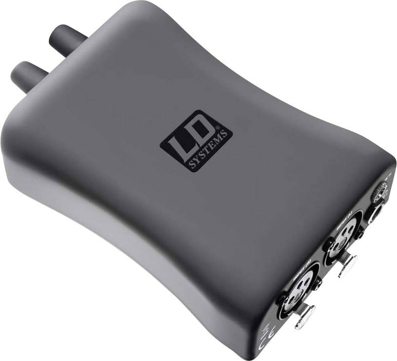 A black audio signal converter with two XLR connections and a jack plug on top, labelled 'LD Systems'.