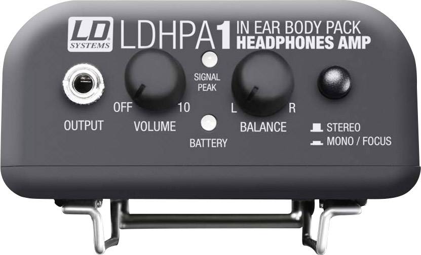 In-ear bodypack headphone amplifier by LD Systems with volume control, balance, stereo/mono switch and signal peak indicator.