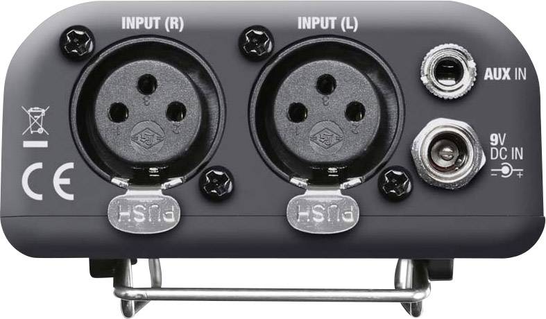 'Audio adapter with two XLR inputs (L and R), AUX input and 9V DC-IN socket, suitable for external device coupling.'