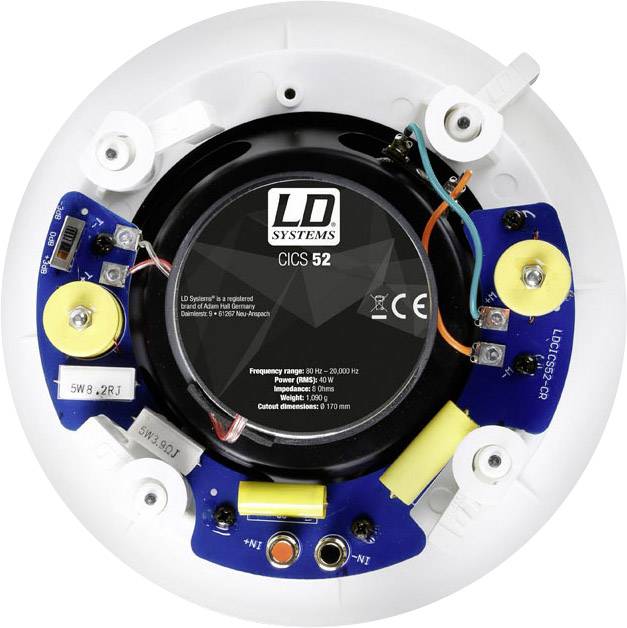 'Rear view of an LD Systems CICS 52 speaker with technical details such as frequency range, impedance, and maximum power output.'