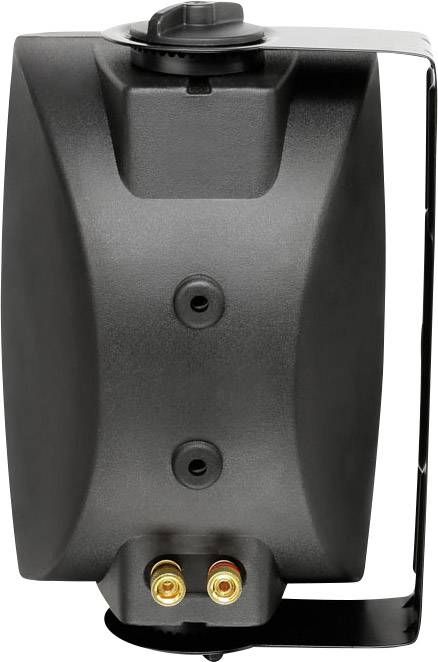 Black speaker with wall mount, viewed from behind. Two connection sockets at the bottom for speaker cables.