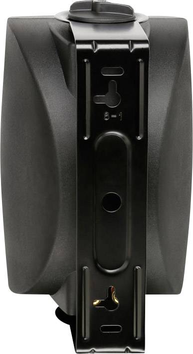 Wall-mounted speaker bracket in black, with mounting mechanism visible from the side. Suitable for indoor use.