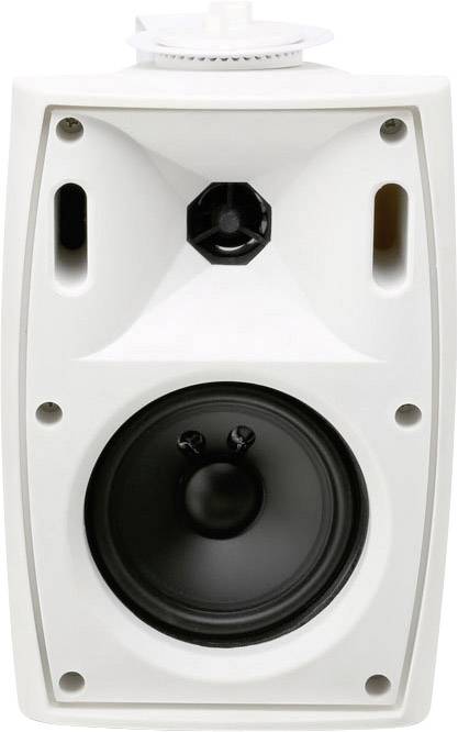 A white speaker with two openings and a large black driver in the centre, used for audio playback.