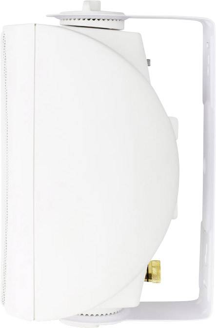 A white, side-mounted speaker with a rounded form and gold connection socket, integrated into a carrying system.