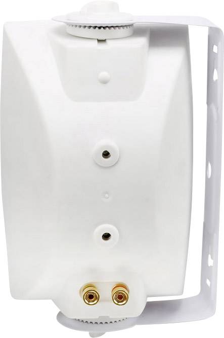 White speaker bracket with rotary mechanism, wall-mounted. Includes connection terminals for audio connections, vertically aligned.