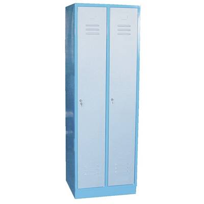 Blue and grey two-column metal cabinet with ventilation slots and lockable doors, suitable for storage.