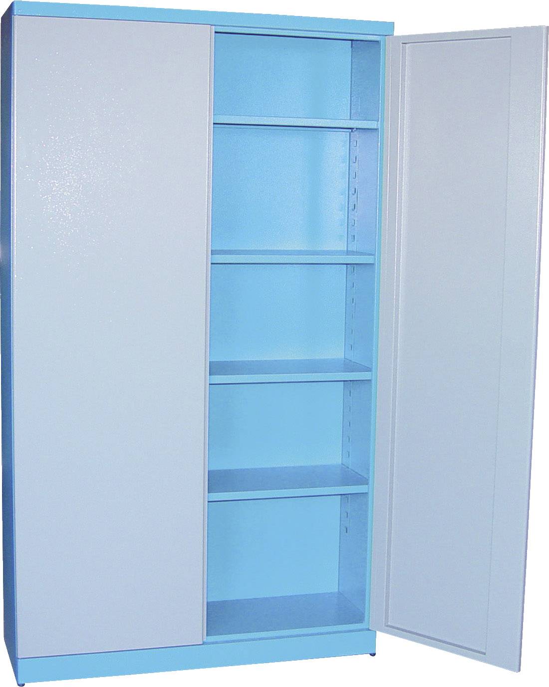 An open grey metal cabinet with four blue shelving compartments. The right door is open, the left one closed.