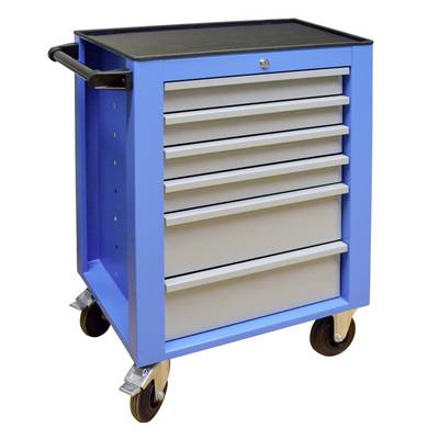 A blue tool trolley with seven drawers and four wheels stands upright. On top, there is a flat storage surface.