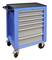 A blue tool trolley with seven drawers and four wheels stands upright. On top, there is a flat storage surface.