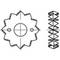 Technical drawing of a gear wheel and a spiral-shaped spring side by side.