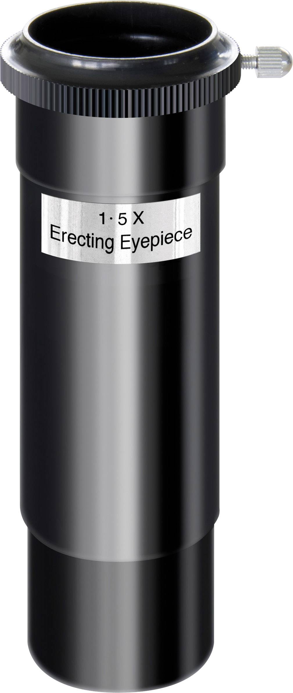 Black telescope accessory part with the label '1.5X Erecting Eyepiece', used for image erection in telescopes.
