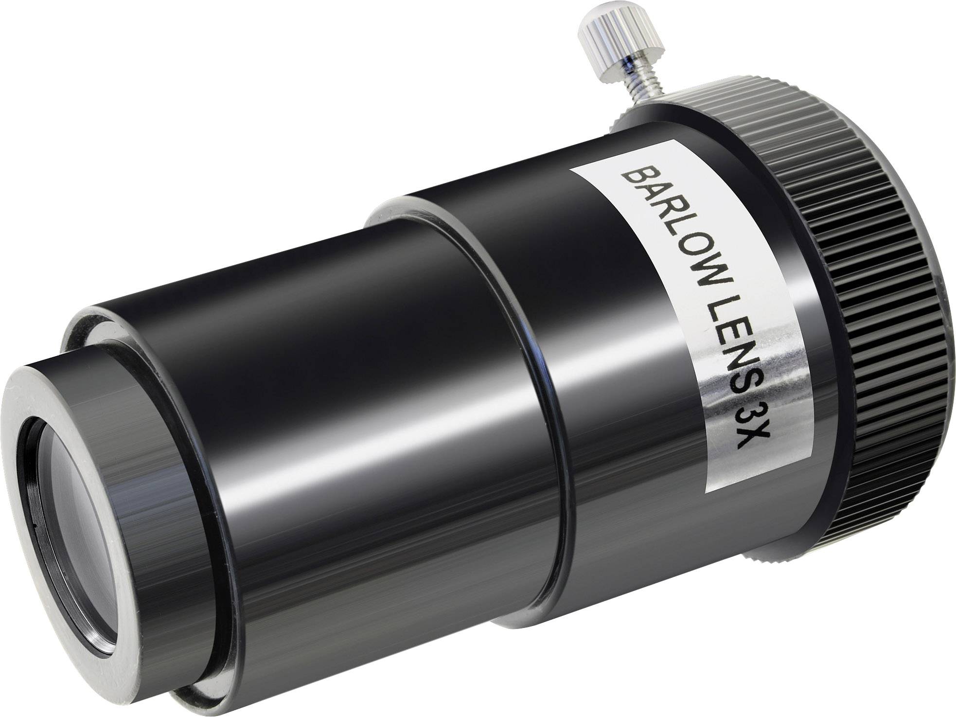 Barlow-Linse 3x with silver casing and turning knob; used for magnification in telescopes.