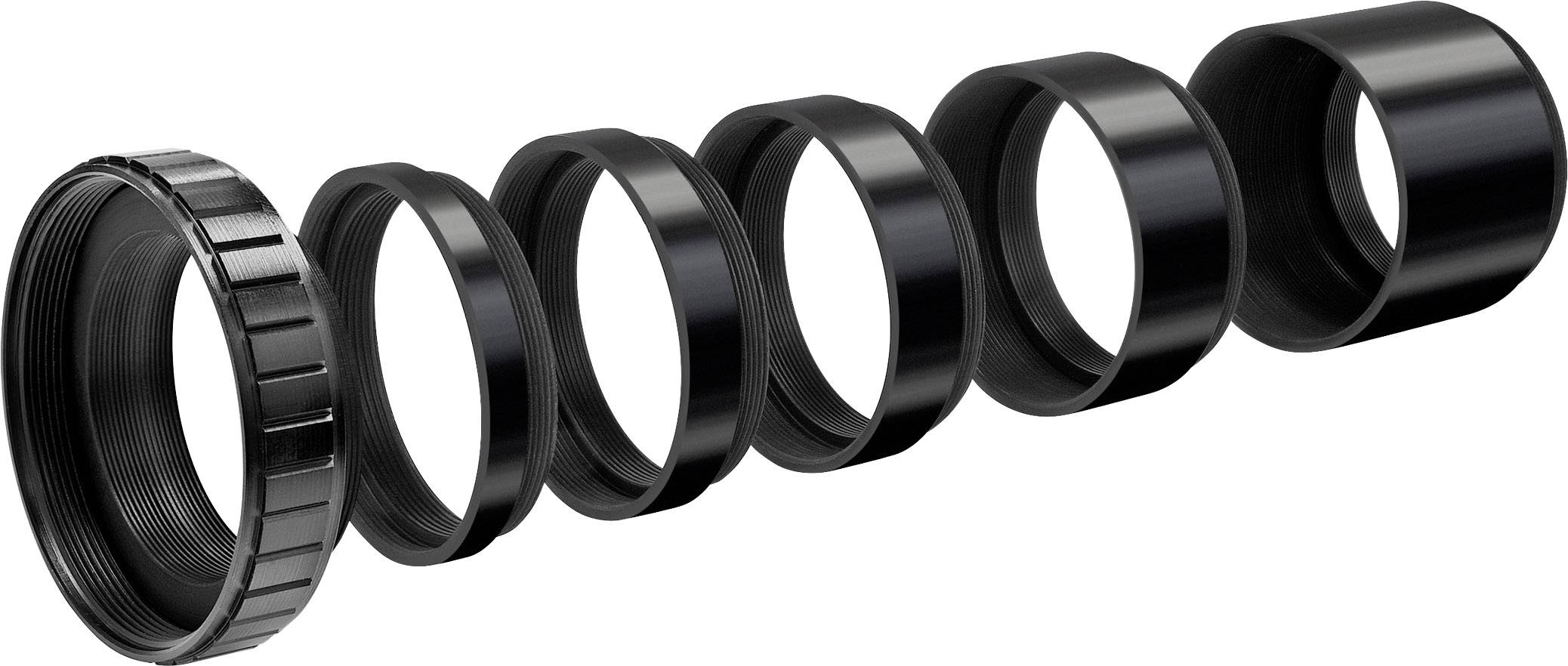 Several metal rings screwed together form a longer cylinder, similar to an extendable lens.