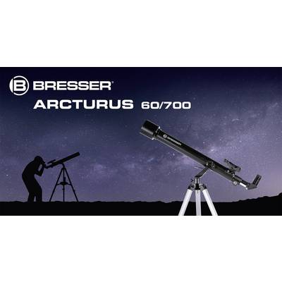 A black telescope stands on a tripod against a night sky. To the left, the silhouette of a person with a telescope is visible.