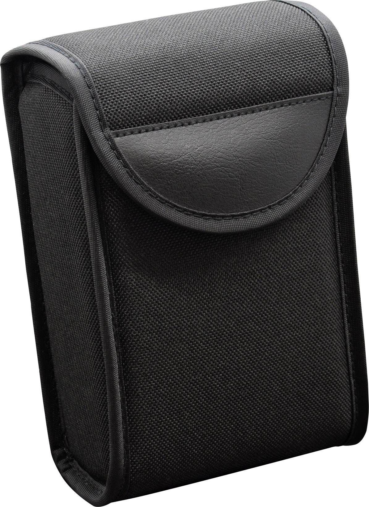 Black, rectangular carry bag with a flap lid and fabric texture, suitable for electronics or small items.