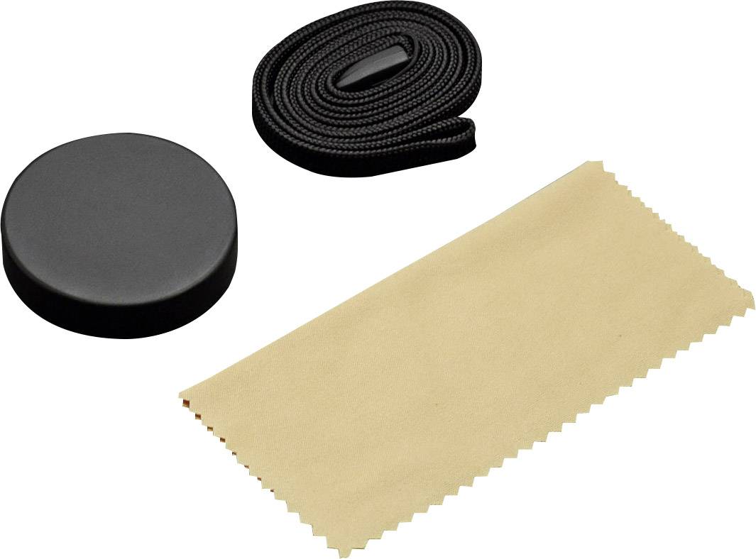 Black lens cap, black cord and beige cleaning cloth, all on a white background.