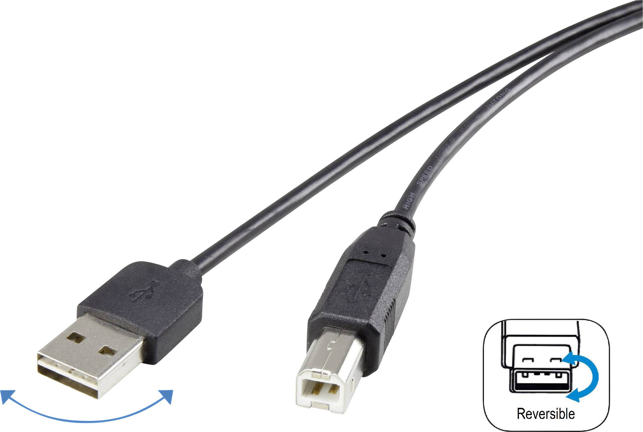 Renkforce USB cable USB 2.0 USB-A plug, USB-B plug 1.80 m Black Duplex use connector, gold plated connectors RF-4078644
