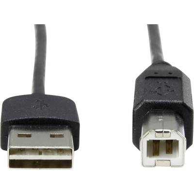 A USB cable with a USB-A plug on the left side and a USB-B plug on the right side.