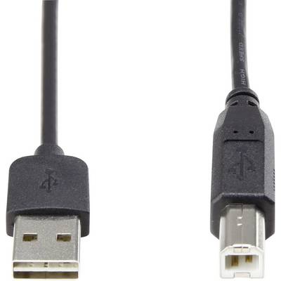 A black USB cable with a USB-A plug on the left side and a USB-B plug on the right side against a white background.